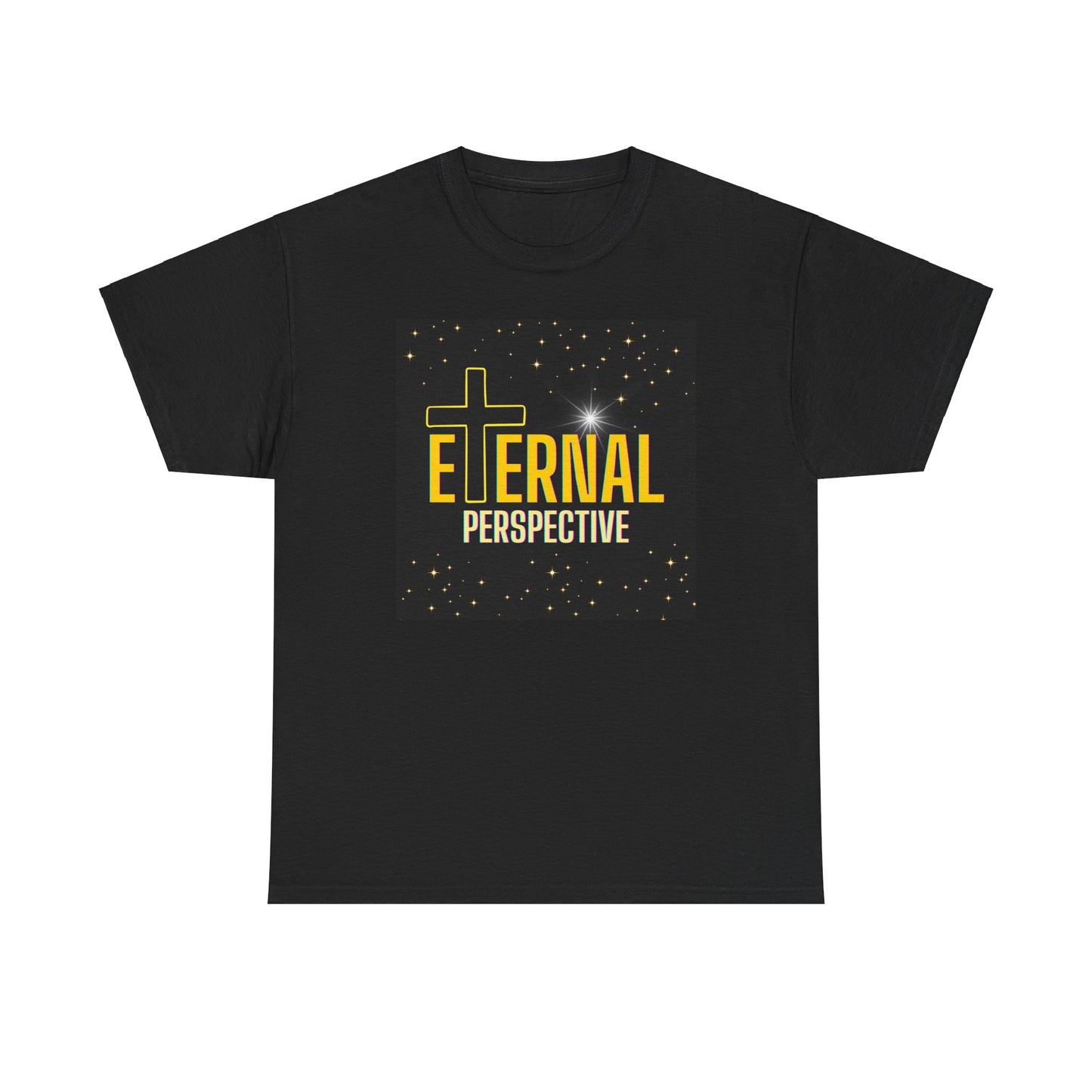 Eternal Perspective Christian Bright Yellow Letter Black Background Unisex Heavy Cotton Tee