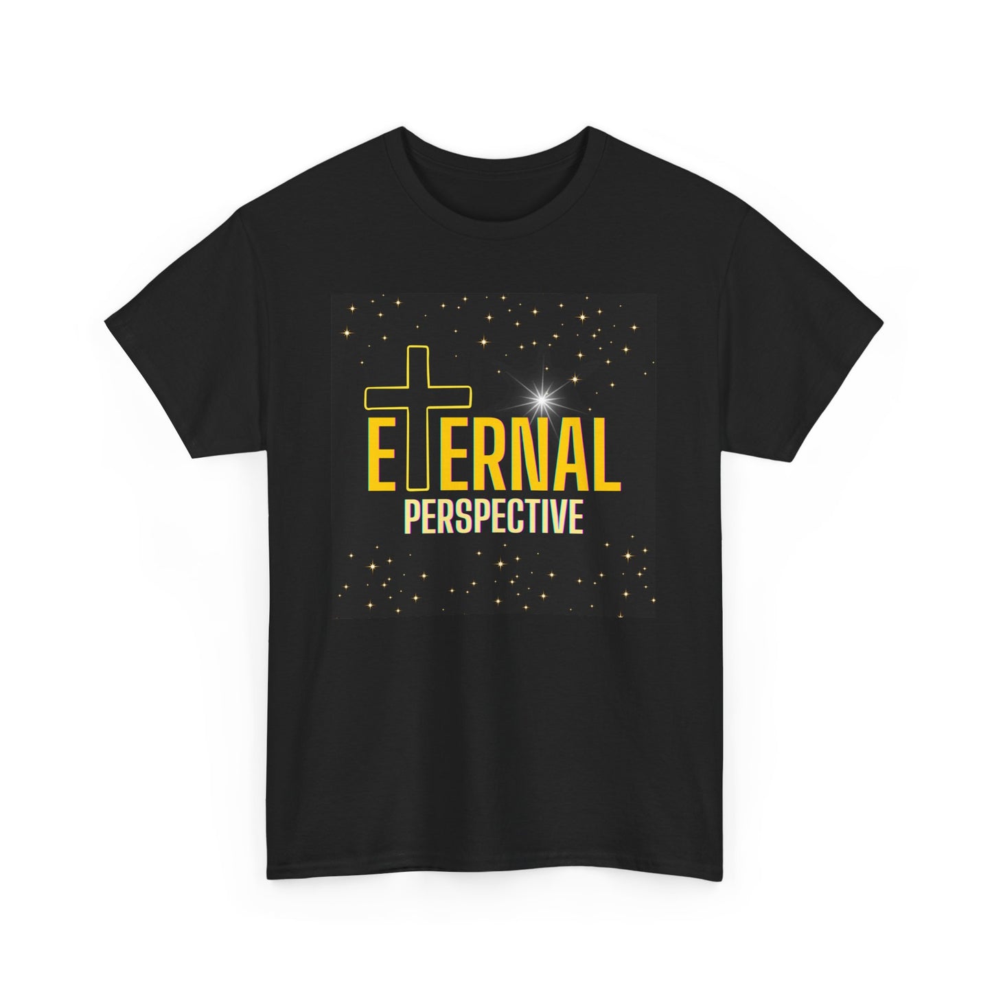 Eternal Perspective Christian Bright Yellow Letter Black Background Unisex Heavy Cotton Tee