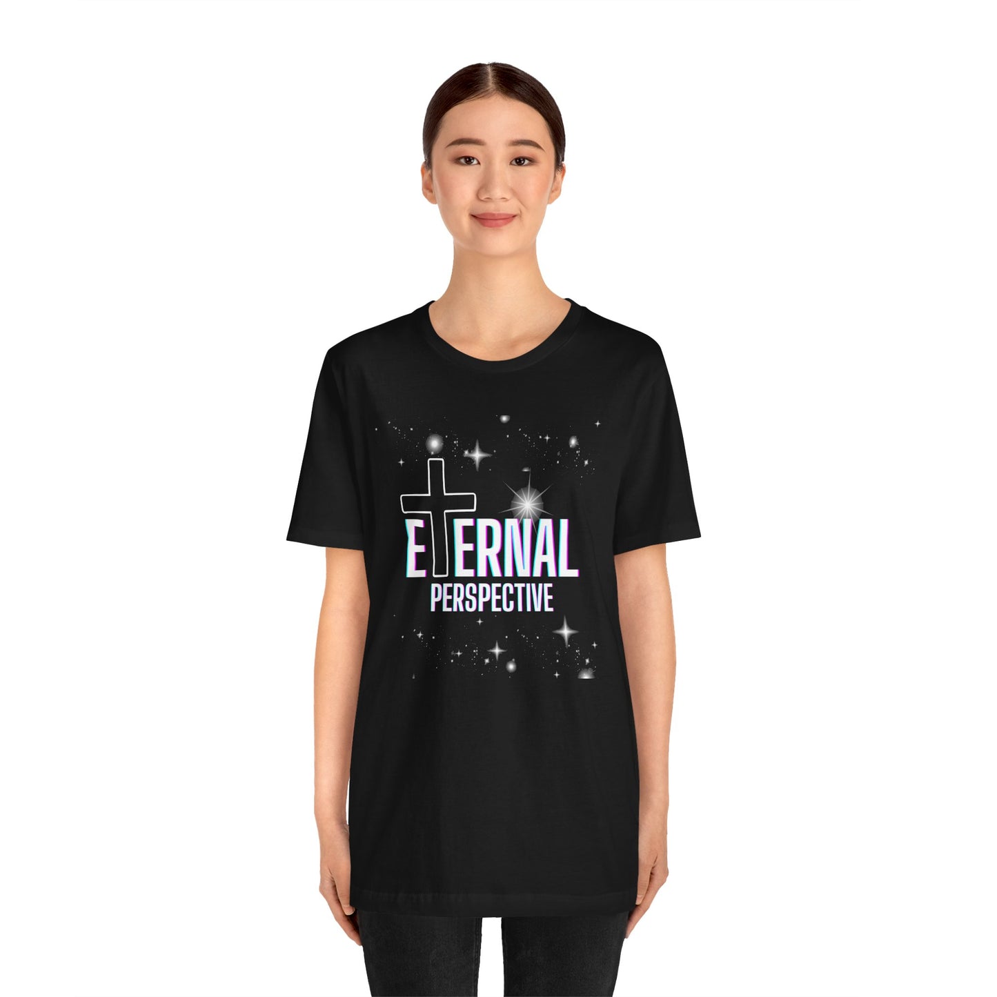 Eternal Perspective white letters Unisex xs plus Jersey Short Sleeve Tee